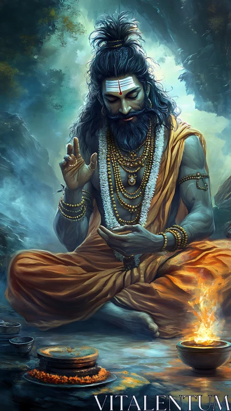 Mystic sage in orange robes conducting sacred fire ritual.