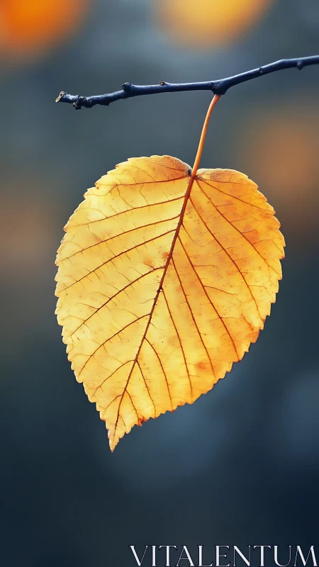 Single yellow leaf on twig against soft blue background.