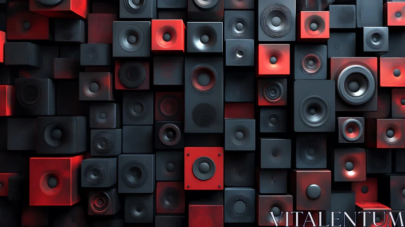 Grid of red and black speakers in a geometric wall pattern.
