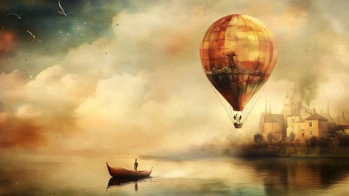 Solitary boat and vintage hot air balloon in misty lakescape