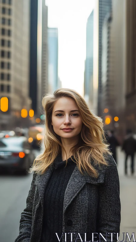 Urban street portrait shows woman centered between tall buildings