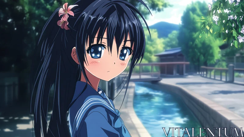 Schoolgirl with ponytail by riverside path in summer light.