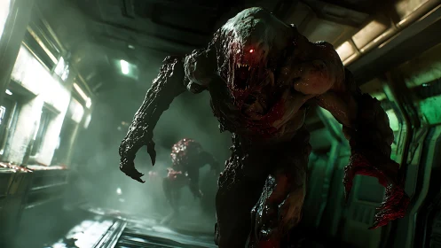 Grotesque alien creature stalks a blood-soaked space corridor