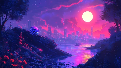 Neon-lit riverfront skyline glows under a surreal pink moon.