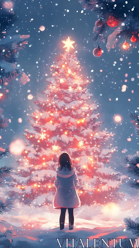 Girl in winter coat admiring a glowing snowy Christmas tree.