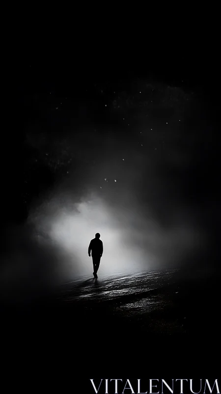 Silhouette of lone figure walking on wet road in fog at night.