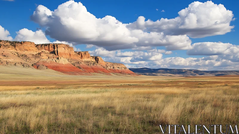 Sunlit desert cliffs rise gently above a wide golden plain