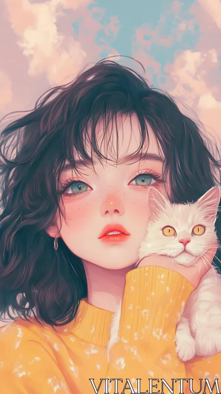 Soft morning gaze unites a dreamy girl and her calm cat