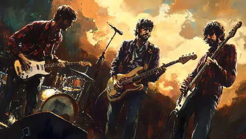 Rock trio on stage in expressive digital painting style.