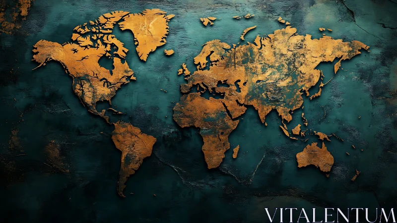 Golden textured world map glowing on deep teal seas.