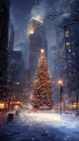 Snowy city plaza with illuminated Christmas tree at night.