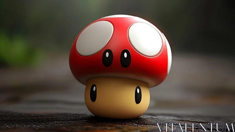 Cute red cartoon mushroom glows softly on forest floor.
