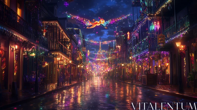 Night street scene shows wet pavement and dense festoon lights