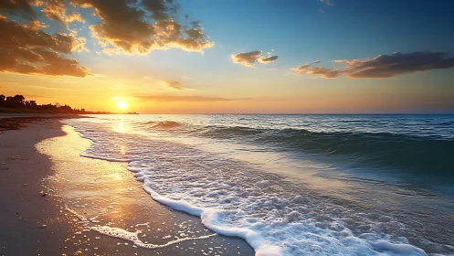 Sun sets over calm ocean waves on reflective sandy shore