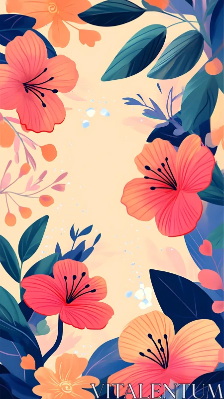 Botanical illustration with layered flora and geometric composition elements