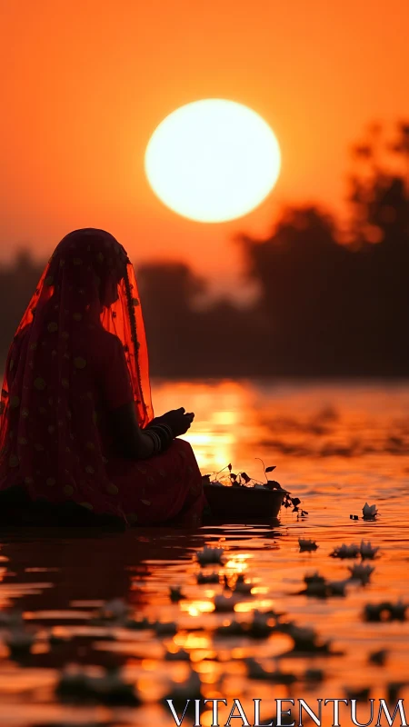Woman in red sari praying on river at vivid orange sunset.