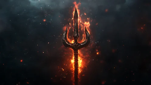 Flaming trident stands centered against dark smoky background
