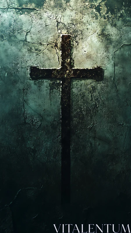 Weathered cross silhouette on cracked, textured wall.
