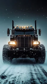 Midnight titan truck storms a blizzard-bitten winter highway.