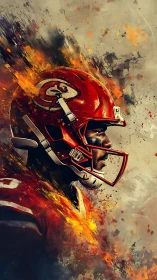 Gridiron profile in explosive red and gold brushwork.