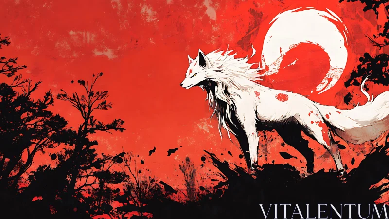 White spirit fox under blood moon in ink-splashed forest.
