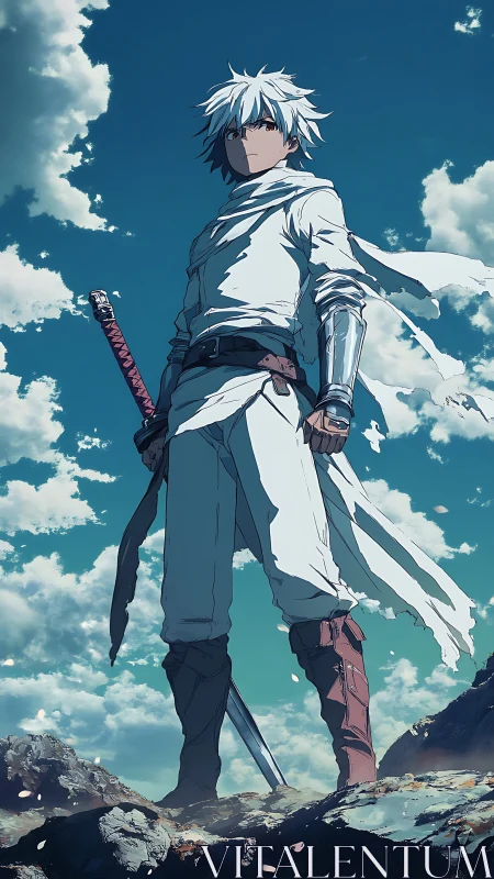 Wind-swept anime swordsman on rocky ridge under stratocumulus sky.