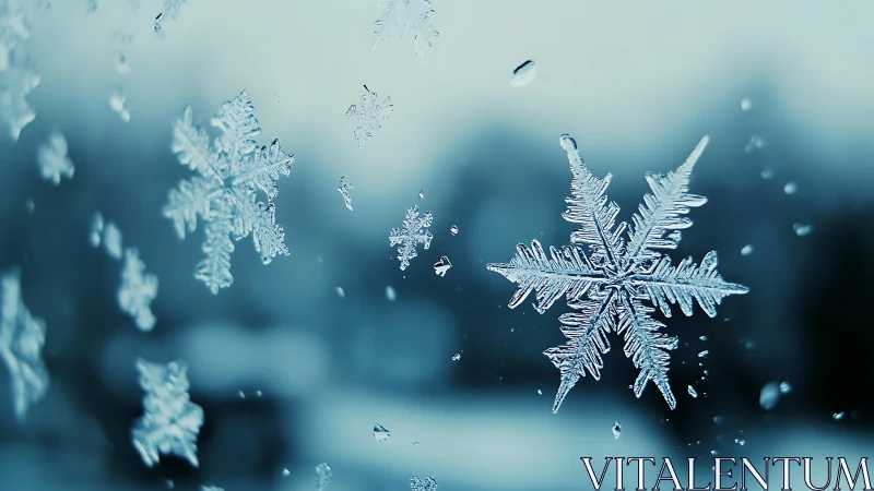 Macro snowflakes on glass with soft winter bokeh background.