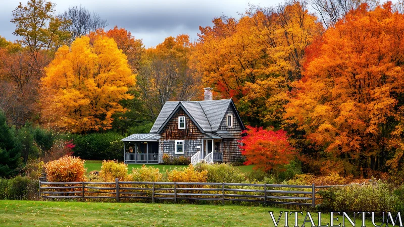 Photorealistic cottage amid layered autumn woodland composition.