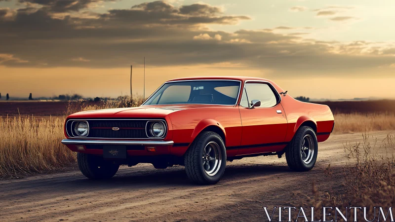 Vintage orange muscle car parked on rural dirt road at dusk.