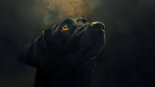 Black dog portrait gazes upward into soft warm light