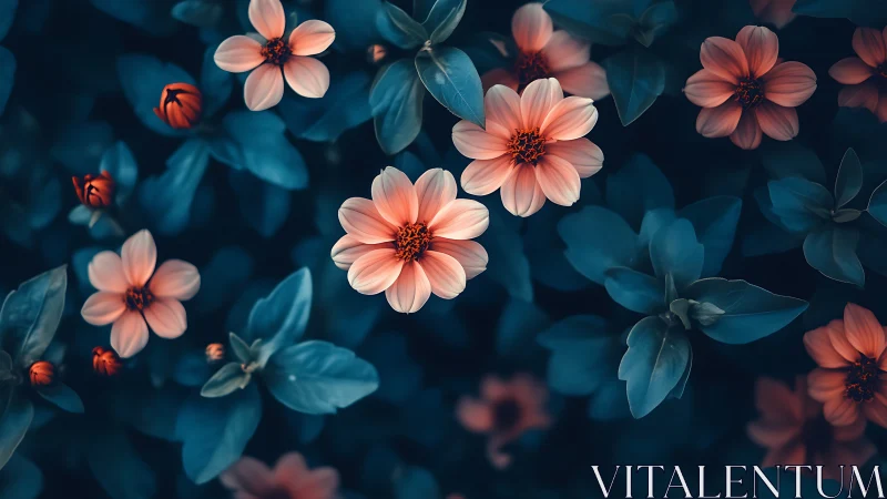 Coral Dahlias Against Deep Teal Foliage Garden
