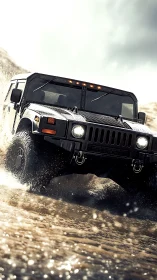 Off-road utility vehicle traversing shallow muddy water.