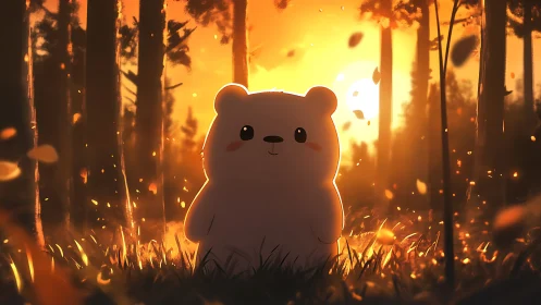 Cute bear glows in golden forest sunset light