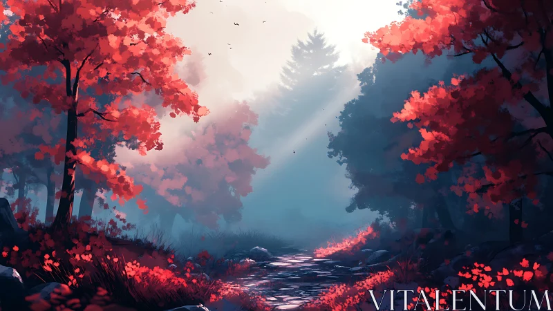 Digital forest landscape with atmospheric perspective and red foliage