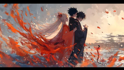 Three figures in kimonos amid swirling red leaves at dusk.