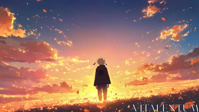 Solitary ninja silhouette under blazing anime sunset sky.