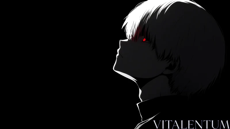 Side-lit anime profile with stark red eye glow on black field.