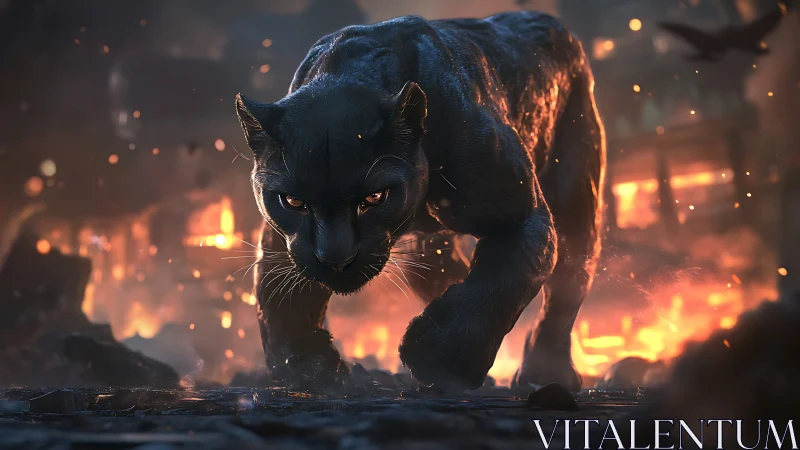 Black Panther Stalking Through Flames at Dusk