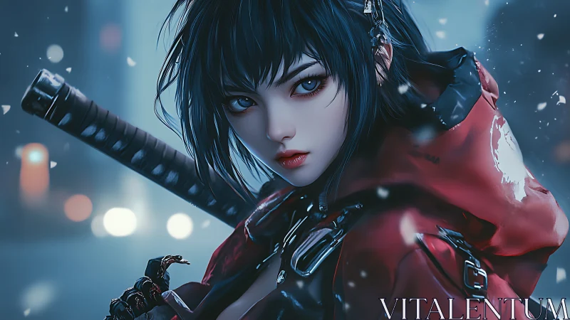 Urban nightblade girl in scarlet tactical hooded jacket.