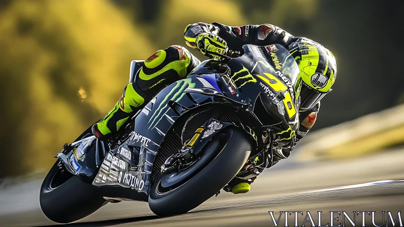 Motorcycle racer leaning into turn on modern sport bike.