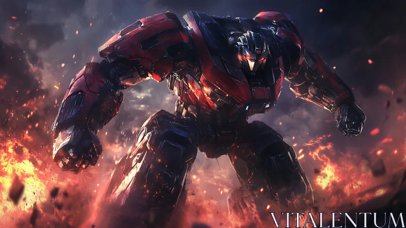Fire-forged battle mech striding through swirling chaos.