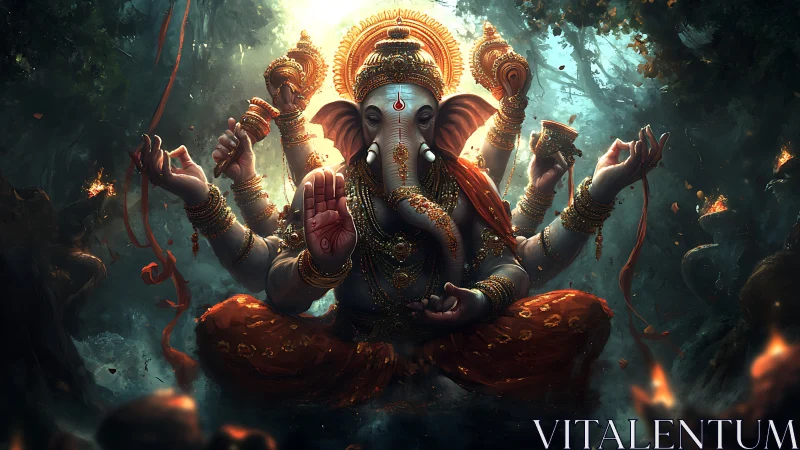 Digital painting of multi-armed Ganesha in luminous forest shrine.