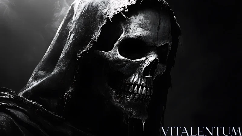 Grinning Reaper in ragged shadow, gleaming like cold iron.