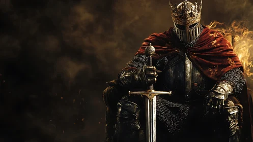 Throne-seated dark king in burning crimson cloak and armor.