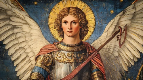 Radiant winged guardian bathed in gold and gentle light.