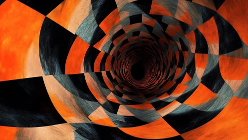 Vortex of tessellated flame and shadow in rotational descent.