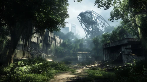 Overgrown urban ruins with collapsed industrial structure.