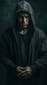 Hooded tattooed man in dark moody portrait lighting.