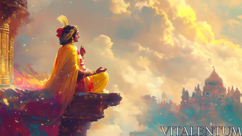 Golden-robed dreamer meditating above a sky temple city.