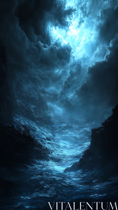 Moonlit abyssal seascape surges beneath storm-torn clouds